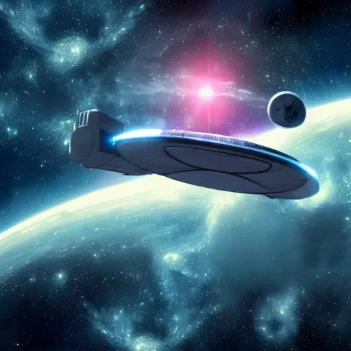 Prompt: A Star Trek spaceship drifitng in space against a nebula background