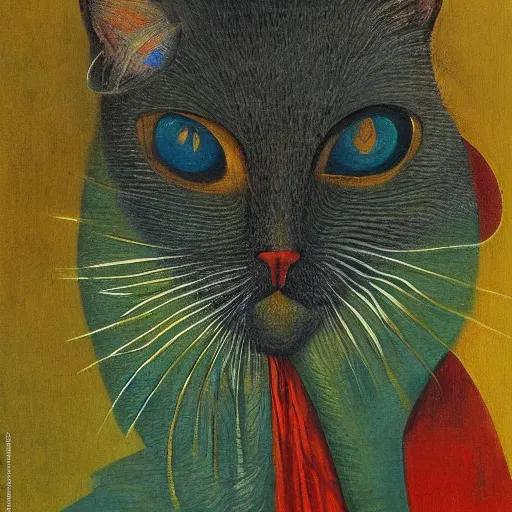 Prompt: very detailed and attractive portrait of a schizophrenic cat, painted by max ernst