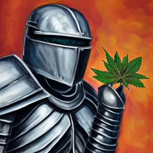 Prompt: a full armored knight praising a cannabis leaf. oil painting. 4 k.