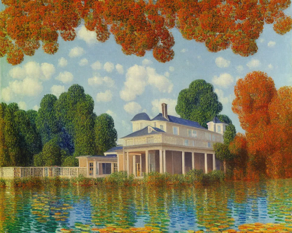 Image similar to achingly beautiful painting of a sophisticated, well - decorated pool house in fall by rene magritte, monet, and turner.