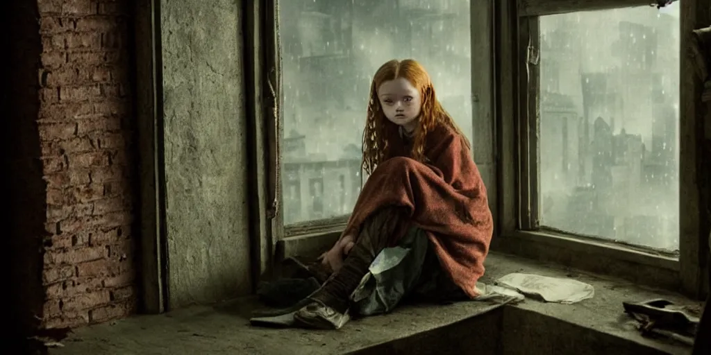 Image similar to at night, sadie sink in hoodie sits on windowsill, knees tucked in | rain falls, old brick wall with ussr propaganda posters : imax film, anamorphic, single long shot from schindler's list by steven spielberg. cyberpunk, cinematic atmosphere, detailed and intricate, perfect anatomy