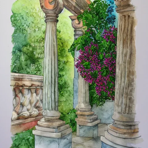 Image similar to delicate garden on paper floating puffy vines botanical herbarium botanic watercolors iridescent 8 k wide angle realistic shaded fine details, artstation italian rainbow colonnade oak pinecone gardena architecture pompeii