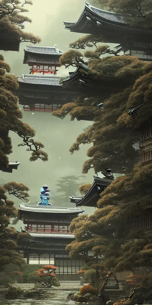 Image similar to japanese style palace under attack, hyper realistic, lush gnarly plants, 8 k, denoised, by greg rutkowski, tom bagshaw, james gurney cozy atmospheric and cinematic lightingg