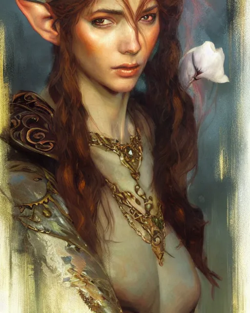 Image similar to a beautiful elf princess, oil painting, by Fernanda Suarez and and Edgar Maxence