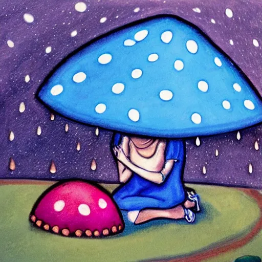 Image similar to A girl sleeping under a giant blue toadstool, raining, somber, high detail,