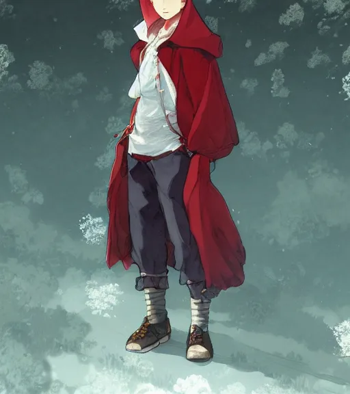 Prompt: attractive little boy character inspired in little red riding hood and venti from genshi impact, digital artwork made by akihiko yoshida and makoto shinkai