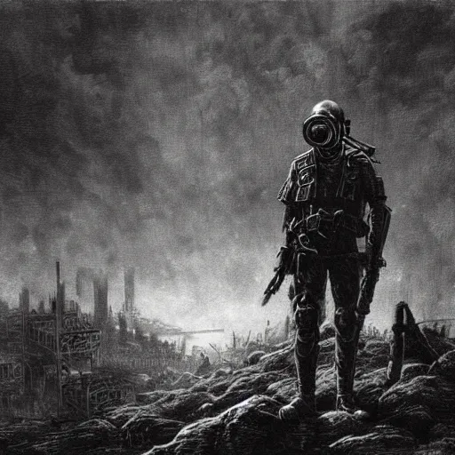 Image similar to Fallout, soldier with a gasmask, dark clouds, fire, burning, dark, eerie, dystopian, city, eldritch, illustration by Gustave Doré