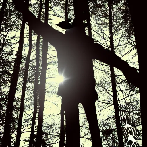 Image similar to shadowy figure on top of a tree, scary red eyes, smiling