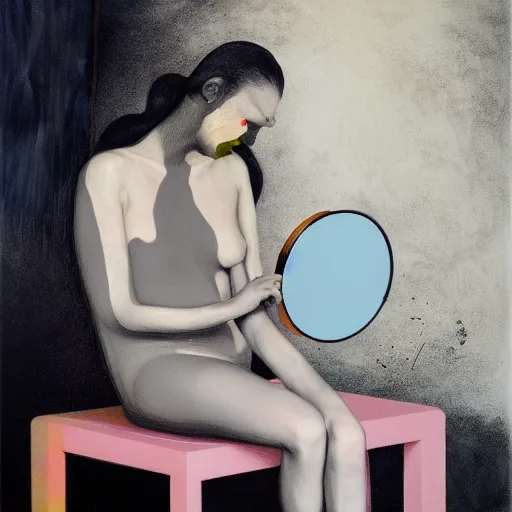 Image similar to portrait of a morphed gamer sitting on a stool looking into a mirror doing makeup by james jean and luc tuymans and beeple and hernan bas and pat steir and hilma af klint, psychological, 3 d, dripping paint, monochrome, high quality render, masterpiece