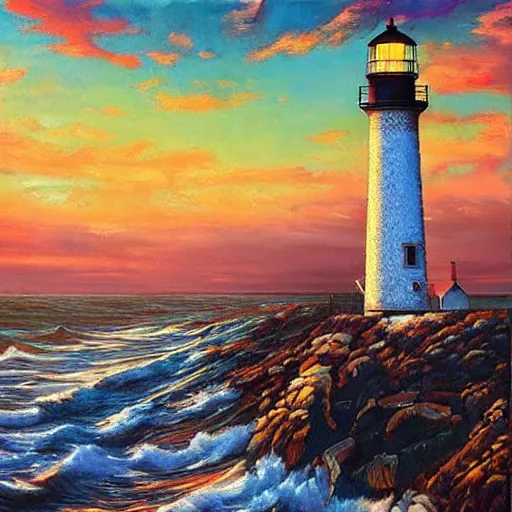 Image similar to beautiful lonely lighthouse, hyper realistic, colorful patterns, subtle shadows, art by tim okamura and oksana dobrovolska and tarkowsky. natural light.