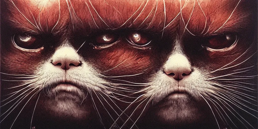 Image similar to a spirit of grumpy cat, red lake, рhighly detailed, holland angle, art by Ayami Kojima, Beksinski, Giger