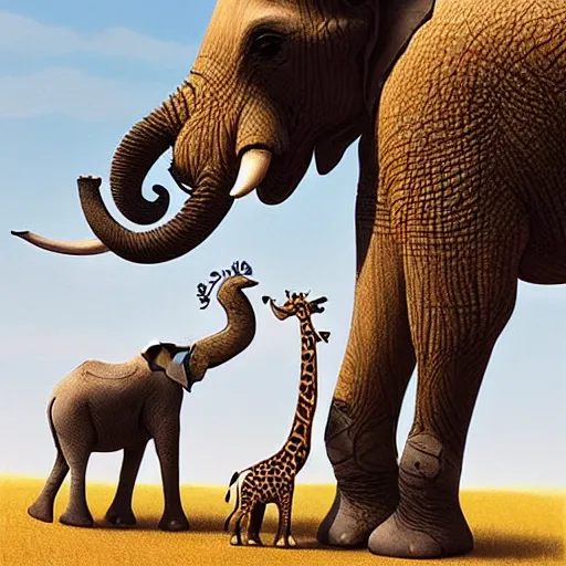 Prompt: cute elephant and giraffe playing with each other, artwork by goro fujita,