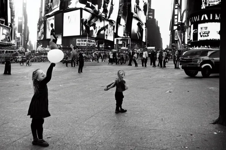 Prompt: photograph of a girl with balloon in Times Square after the apocalypse, by Arno Minkkinen ((black and white))