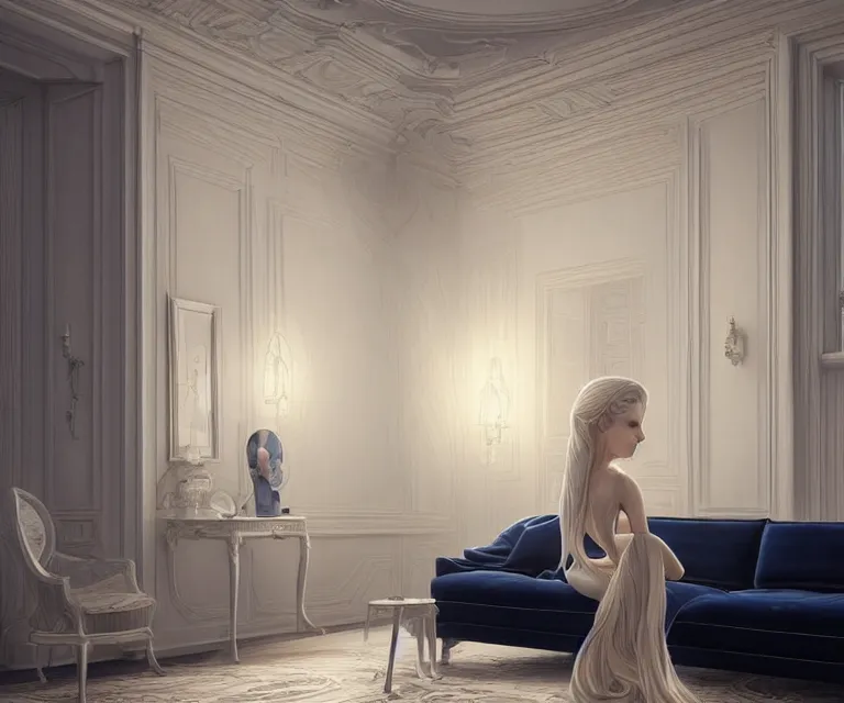 Prompt: 2 0 2 0 s living room by charlie bowater and anna dittmann and artgerm and clemens ascher, intricate, elegant, beige and white and navy blue, highly detailed, dramatic lighting, sharp focus, octane render, trending on artstation, artstationhd, artstationhq, unreal engine, 4 k, 8 k