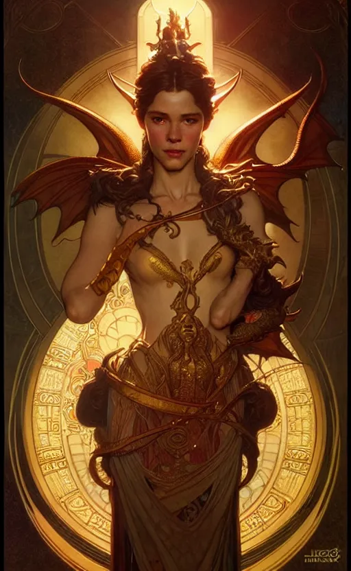 Image similar to magic gold dragon gorgeous lighting by weta studio, mucha, bautista and norman rockwell and greg rutkowski and tom bagshaw and james gurney and lucasfilm