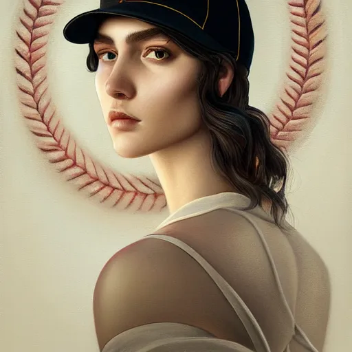 Image similar to tom bagshaw portrait, beautiful portrait of a woman with angel eyes in a suit, hair under a baseball cap, professionally retouched, focus eyes, ultra realistic soft painting, insanely detailed linework, symmetrical accurate intricate features, behance, 8 k