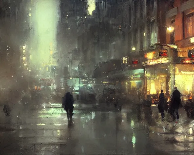 Image similar to detailed street scene, volumetric lighting, painting by jeremy mann