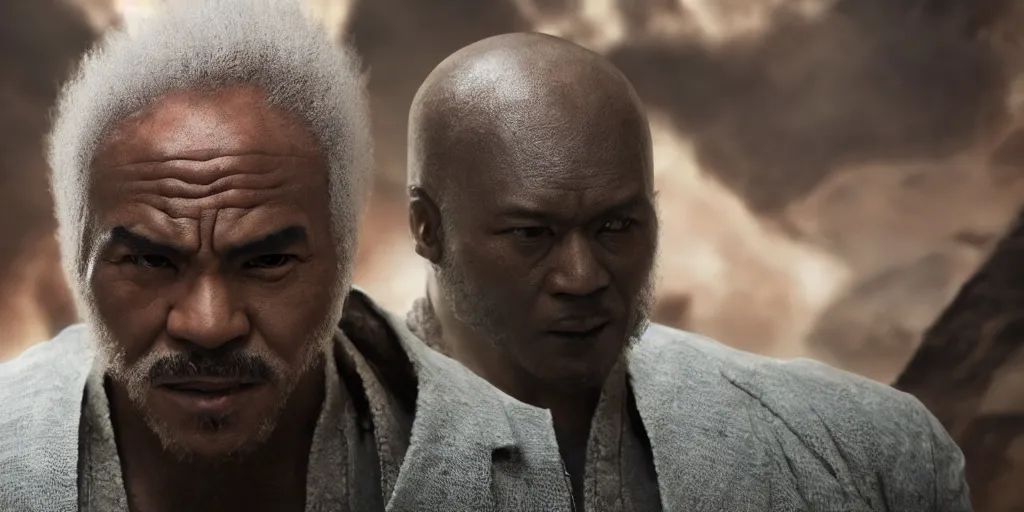 Image similar to a film still of a black man starring in a japanese blockbuster film as heihachi from tekken, shallow depth of field, cinematic, award winning cgi, vfx, film still