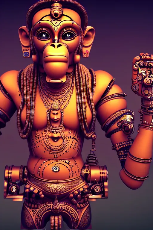 Image similar to high quality 3 d render very cute cyborg!! hanuman! madhubani, highly detailed, cyberpunk mumbai in the background, unreal engine cinematic smooth, in the style of solaris, hannah yata charlie immer, moody light, low angle, uhd 8 k, sharp focus