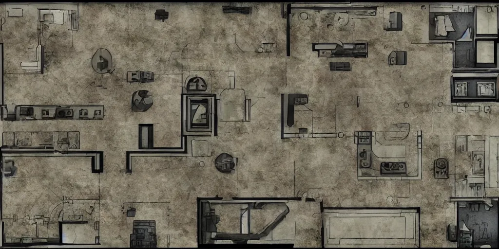 Prompt: architectural floor plan gears of war map hybrid halo map, small symmetrical outpost, white wall outlines