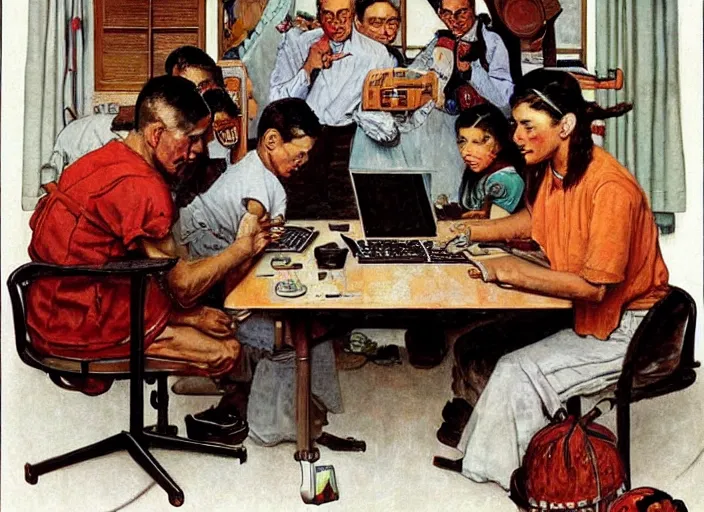 Prompt: Aztecs using computer at a lan house artwork by Norman Rockwell,