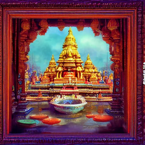 Image similar to hindu temple in south india by raymond swanland, highly detailed, bright tones