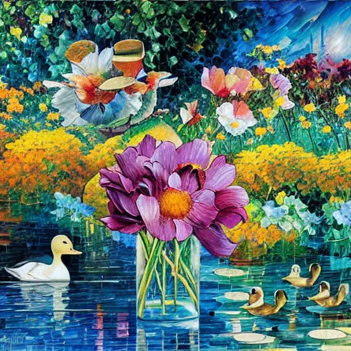 Prompt: flowers and ducks by arthur adams, john stephens, leonid afremov, chiho ashima, karol bak, david bates