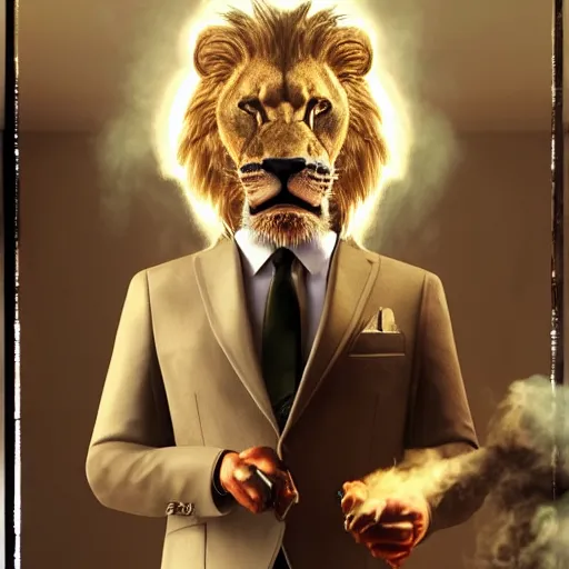 Image similar to a lion smoking a cigar wearing a suit, subject= lion, subject detail: wearing a suit, subject action: smoking a cigar, dramatic lighting, cinematic lighting, establishing shot, photorealistic, high details, cinematic, 8k resolution, extremly detailed, photorealistic, artstation, unreal engine