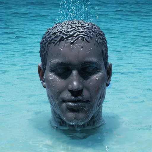 Image similar to a giant dripping water sculpture of a human head on the ocean water, cinematic, in the style of chad knight, long shot, hyper detailed, hyper realistic, ray tracing, 8 k resolution, sharp focus, realistic water, award winning