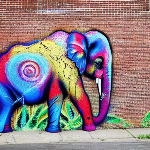 Prompt: spray painted mural of psychedelic elephant, on brick wall,