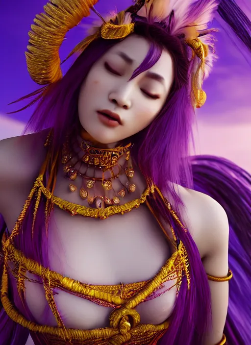 Image similar to closeup photoshoot of a asian goddess of bliss and honey, purple feathers hair, silk flowing in wind, totemic, ritualistic, tarot sigils embedded in ruby skin, photoreal, unreal engine, redshift render, trending on artstation