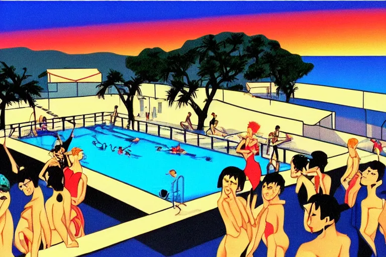 Image similar to stylistic oilpainting of a Punkband performing next to a swimming pool by sunset, painted by Hiroshi Nagai