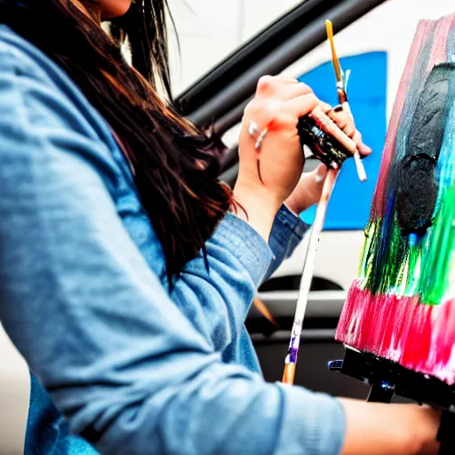 Prompt: an nft artist painting the inside of her car h 6 4 0