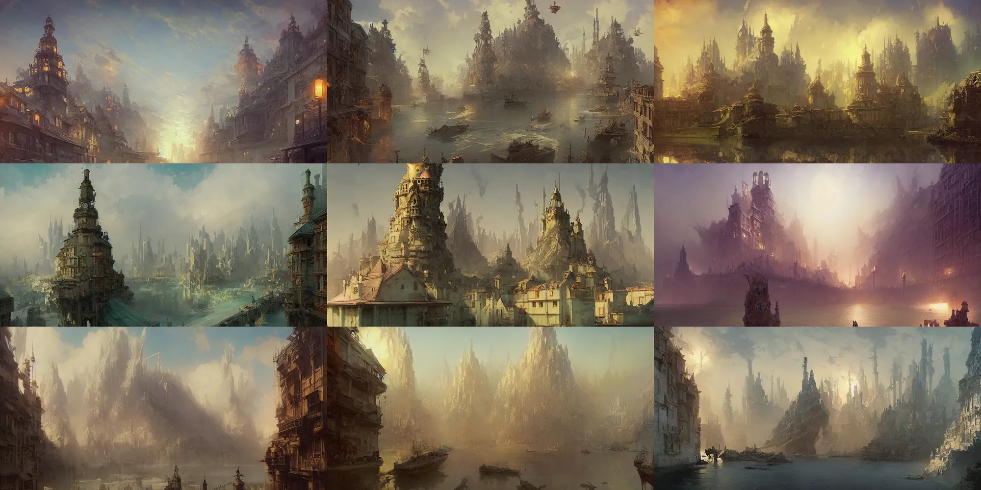 Prompt: port city, beaux arts architecture, fantasy, art by joseph leyendecker, peter mohrbacher, ivan aivazovsky, reza afshar, ferdinand knab, ruan jia