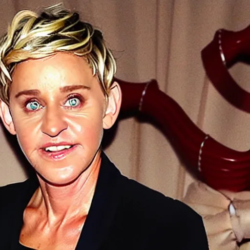 Prompt: ellen degeneres as the devil, pure evil, demonic background