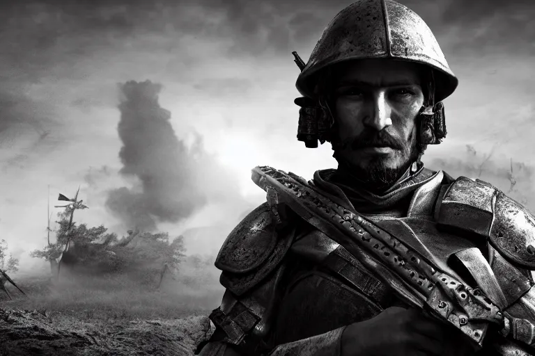 Image similar to still photo of castle age war man looking at the camera in a battlefield, black and white color aesthetic, highly detailed, photorealistic portrait, bright studio setting, studio lighting, crisp quality and light reflections, unreal engine 5 quality render