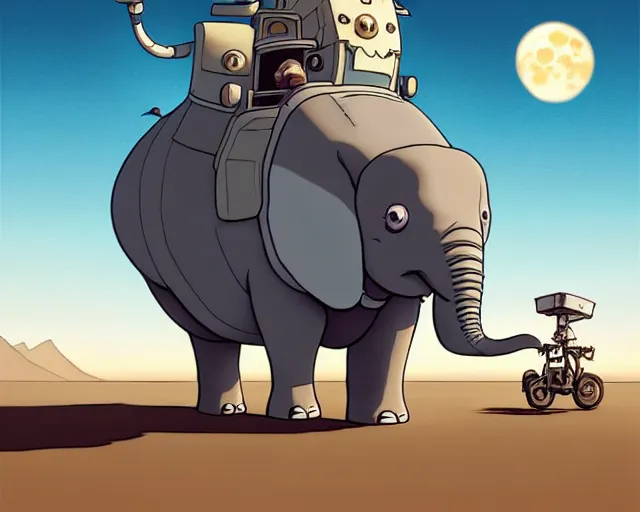 Prompt: a cell shaded cartoon tiny grey lovecraftian mechanized elephant from howl's moving castle ( 2 0 0 4 ), with a big head, on a desert road, wide shot, in front of a big moon, muted colors, post grunge, josan gonzales, wlop, by james jean, victor ngai, hq, deviantart, art by artgem