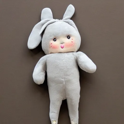 Image similar to a cute plush doll made to look like a baby wearing a grey fluffy bunny suit