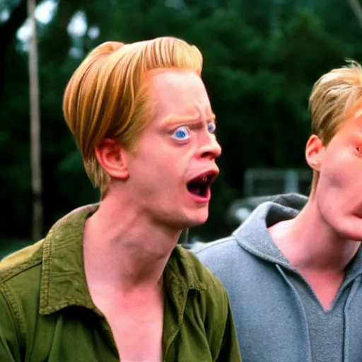 Prompt: Live Action Still of Macaulay Culkin as Beavus and Jerma as Butthead in Live Action Beavis and Butthead Movie, real life, hyperrealistic, ultra realistic, realistic, highly detailed, epic, HD quality, 8k resolution, body and headshot, film still