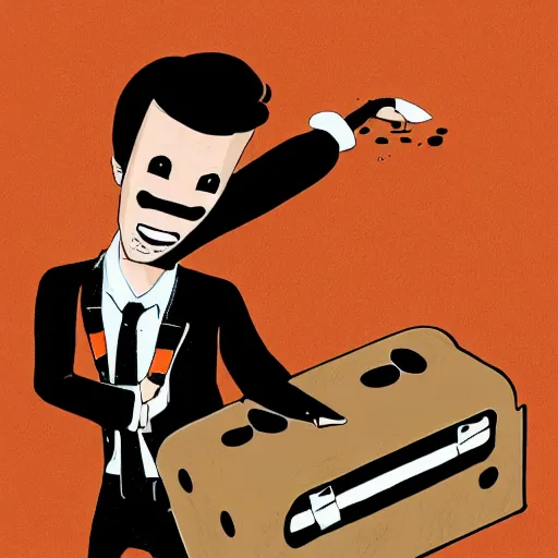 Prompt: brown suitcase containing domino mask being opened by a ginger caucasian male in a brown suit, jorge fornes artstyle, colorful, somber