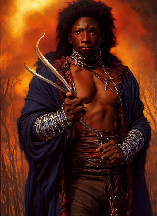 Image similar to african american wizard, full body, hyper realistic, extremely detailed, dnd character art portrait, dark fantasy art, intricate fantasy painting, dramatic lighting, vivid colors, deviantart, artstation, by edgar maxence and caravaggio and michael whelan and delacroix.