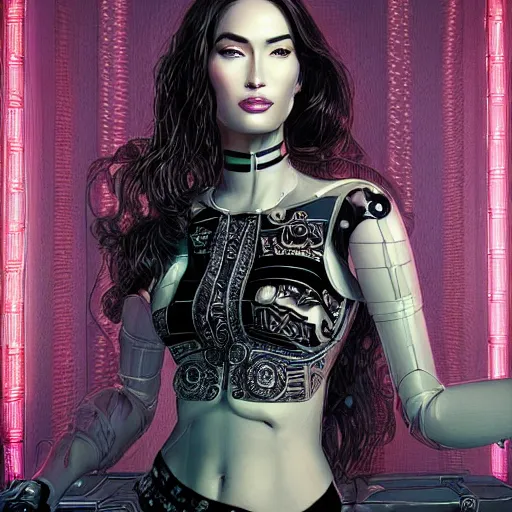 Prompt: the portrait of an elegant, sophisticated, fashionable ottomanpunk robotess idol, an ultrafine illustration of young half asian megan fox mix by kim jisu, intricate linework, neon wiring, fashion, porcelain skin, unreal engine 5 highly rendered, global illumination, radiant light, detailed and intricate environment, by rutkowski, artgerm, marvel comics