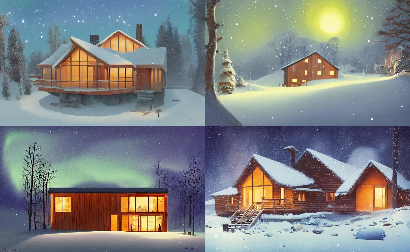 Prompt: a cosy wooden modern eco house with large windows in a snowy forest in winter at night, peaceful and quiet, aurora borealis, detailed digital painting by studio ghibli, by goro fujita, by rhads