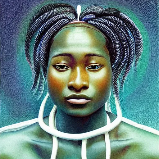 Image similar to “sango God of thunder plaited hair cowry nigeria lightning facial details proportionate dark skinned symmetrical digital art oil painting Edward hooper”