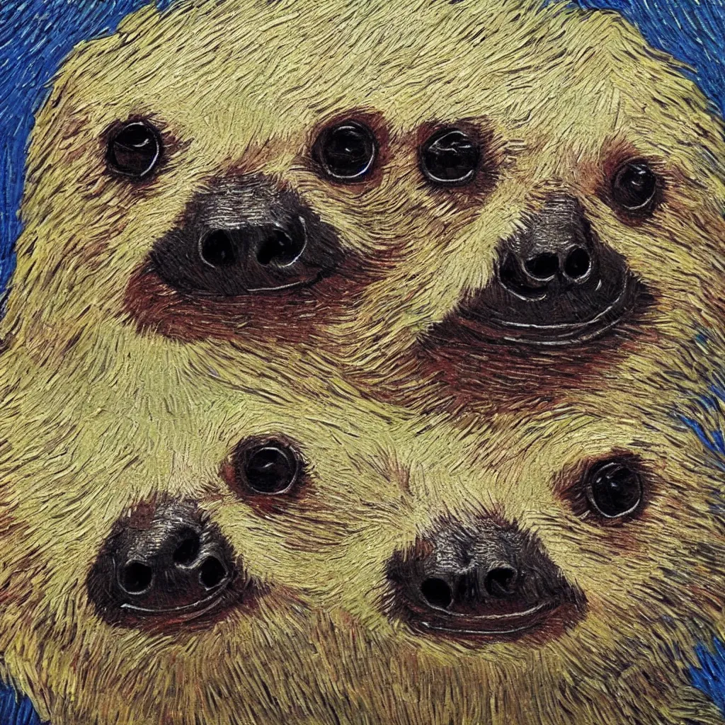 Image similar to a beautiful oil painting of a sloth's face in the style of van Gogh