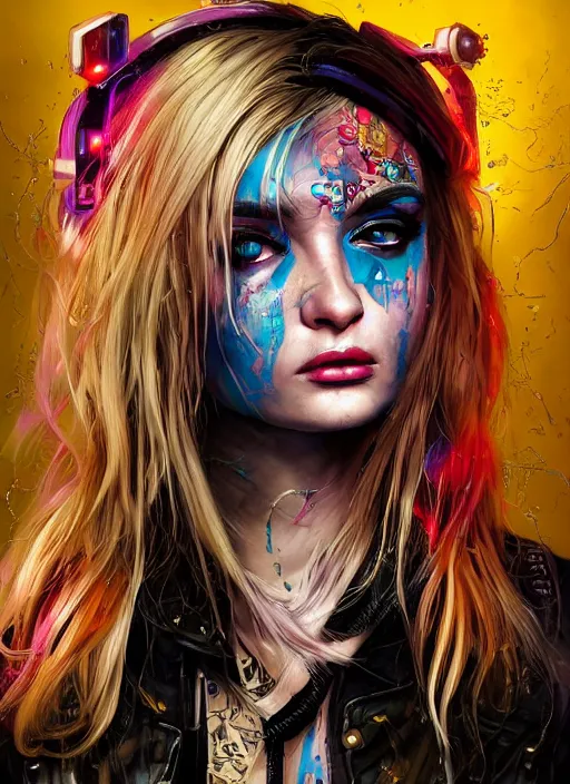 Prompt: beautiful portrait of Lofi cyberpunk Kim Petras, by Tristan Eaton, Stanley Artgerm, Tom Bagshaw, Greg Rutkowski, Carne Griffiths. trending on DeviantArt, face enhance, hyper detailed, trending on Artstation, 8k, masterpiece, graffiti paint, fine detail, full of color, intricate detail, golden ratio illustration