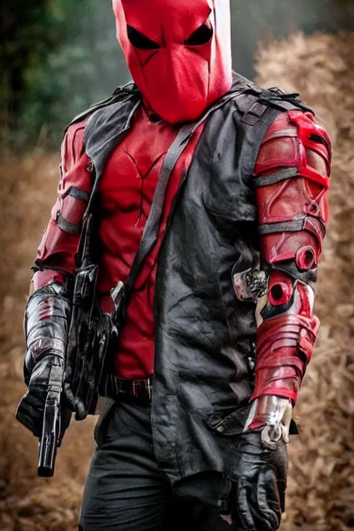 Image similar to red hood cosplay, creepy, disturbing