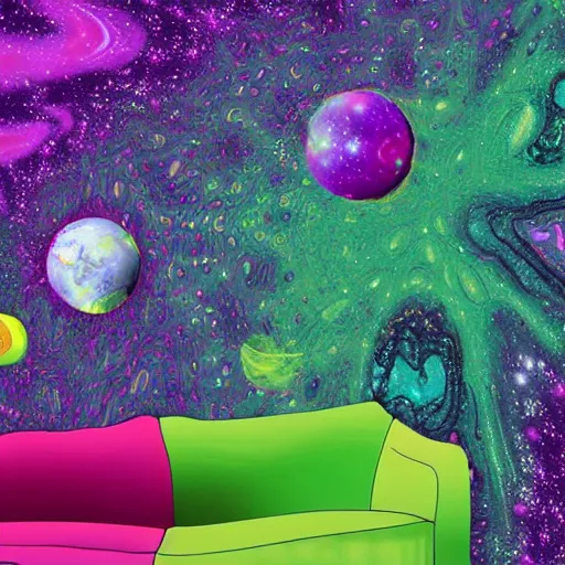 Prompt: psychedelic trippy couch in a forest, planets, milky way, sofa, cartoon green and purple