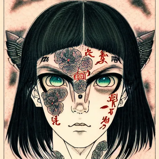 Image similar to prompt: Fragile looking character soft light portrait face drawn by Takato Yamamoto and Katsuhiro Otomo, tattooed face, facial hieroglyph tattoos , inspired by Akira 1988 anime, alchemical objects on the side, soft light, intricate detail, intricate gouache painting detail, sharp high detail, manga and anime 2010