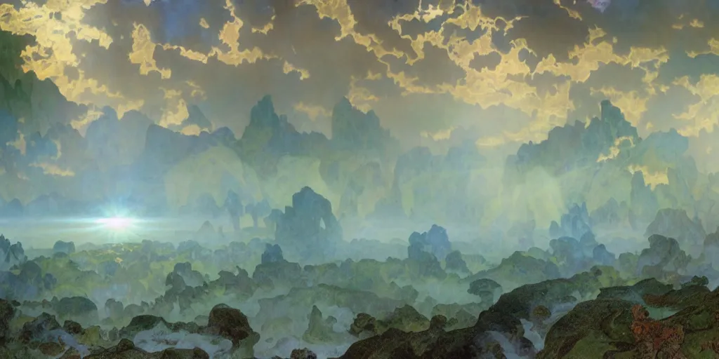 Image similar to photorealistic epic landscape with swirls of mist by alphonse mucha and maxfield parrish. ominous clouds, intense light beams, strange levitating stones, stones falling from the sky, swirls of mist by alphonse mucha. occult photorealism, uhd, amazing depth, glowing, volumetric lighting, cinematic lighting.